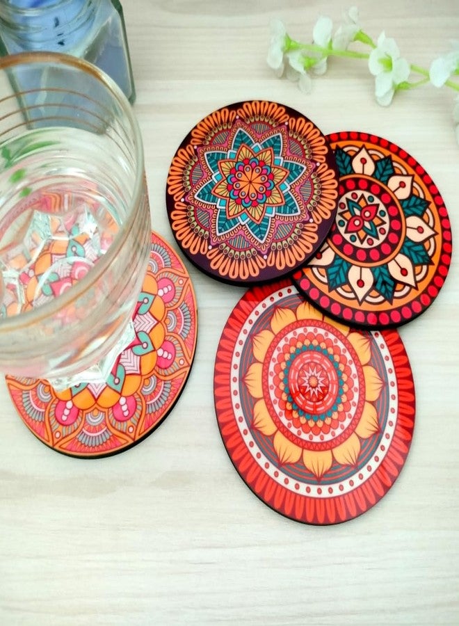 Yey Tea Coaster Set Colorful Mandala Pattern Printed Round, MDF Wood Material Coasters for Home and Kitchen, Office Table, Dining Table, Home Decor (3.5x3.5 inches, Set of 4) - Image 4